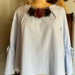 Zara chambray shirt with bell sleeves and fringe details size large